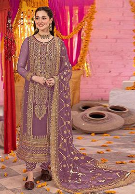 Purple Embroidered Faux Georgette Kurta Set