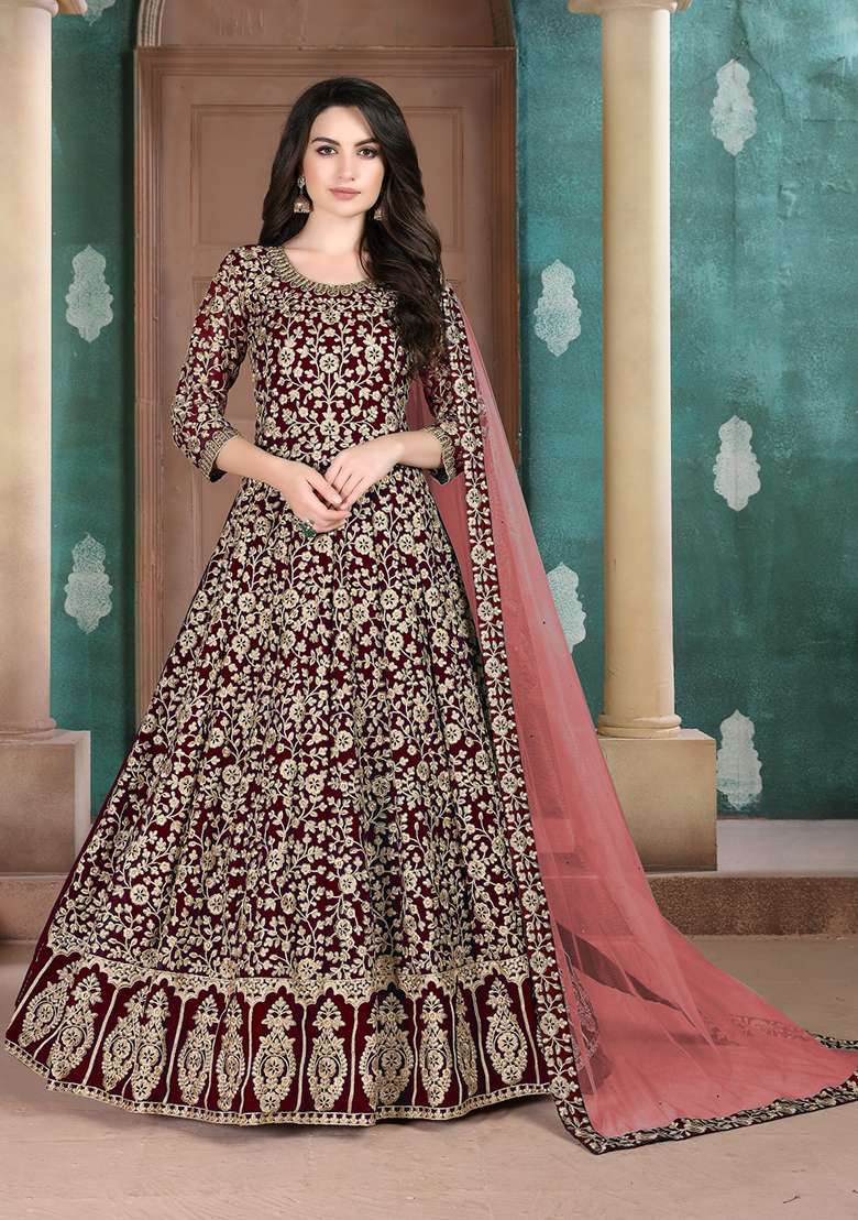 Maroon Embroidered Faux Blooming Anarkali Set - Indya