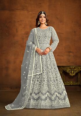 Grey Embroidered Net Anarkali Kurta Set