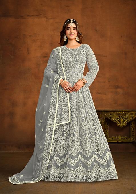 Grey Embroidered Net Anarkali Kurta Set