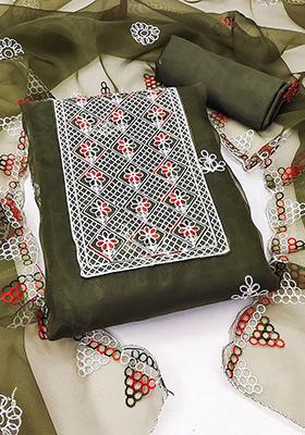 Olive Green Ethnic Motifs Embroidered Organza Kurta Set