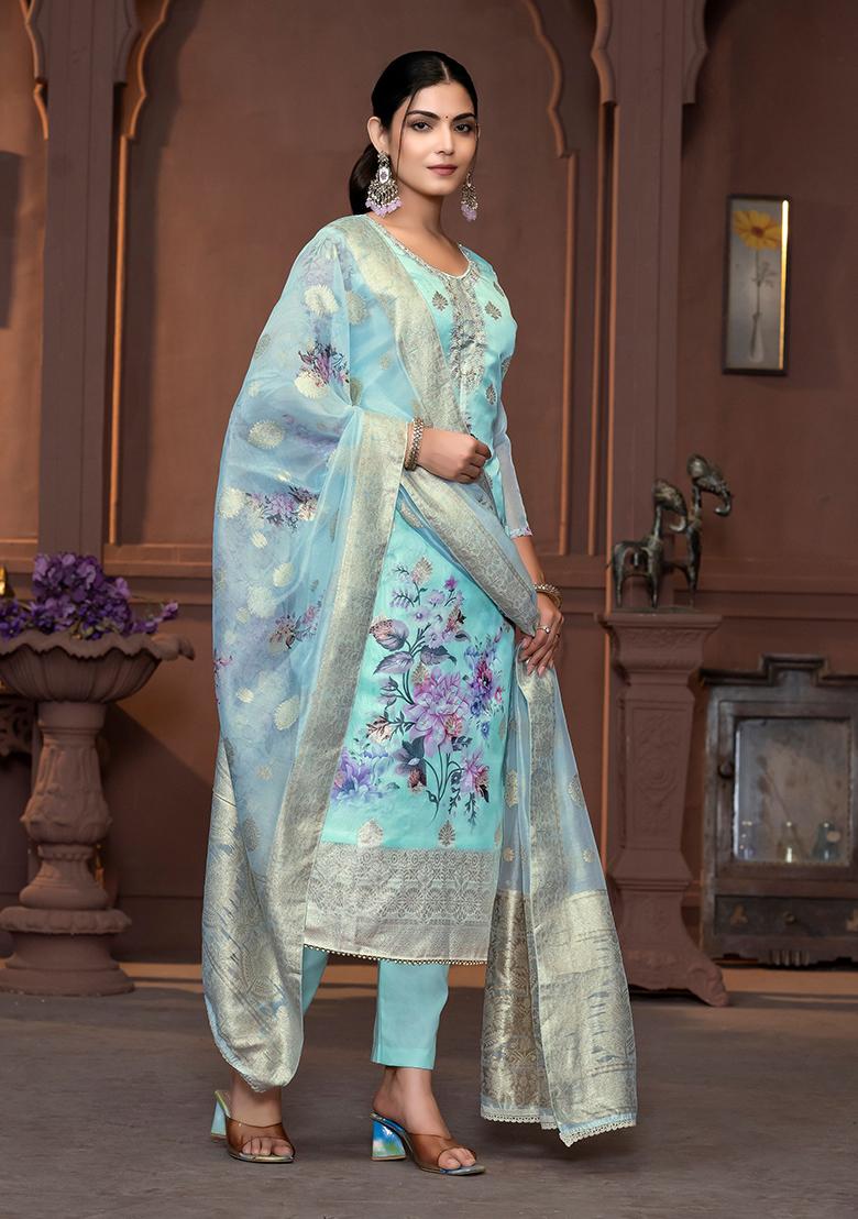 Blue Printed Viscose Kurta Set - Indya
