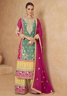 Green Embroidered Art Silk Kurta Set