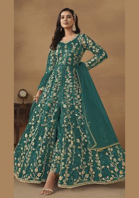 Teal Embroidered Pure Net Anarkali Kurta Set