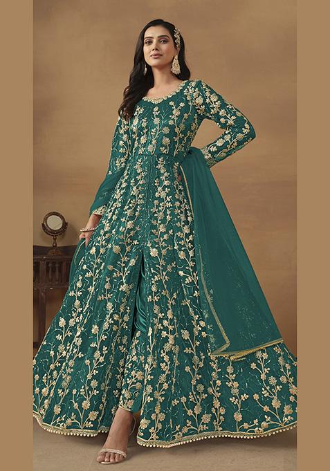 Teal Embroidered Pure Net Anarkali Kurta Set