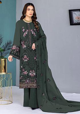 Green Embroidered Faux Georgette Kurta Set