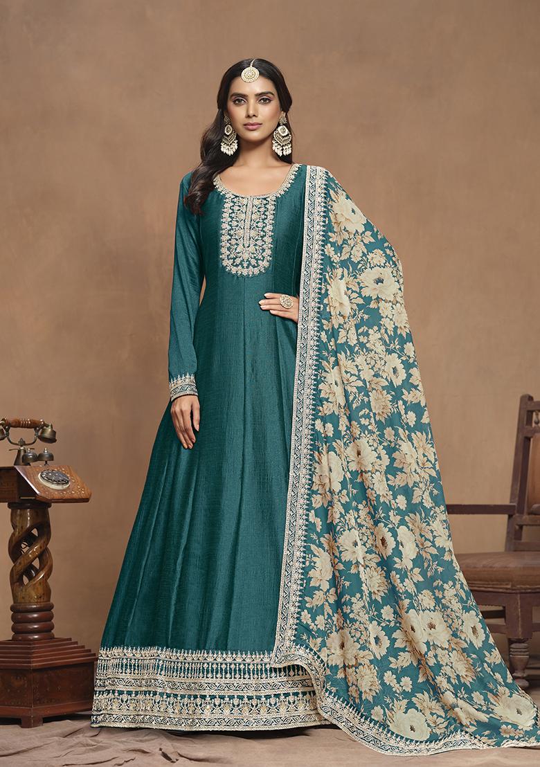 Green Resham Embroidered Art Silk Anarkali Kurta