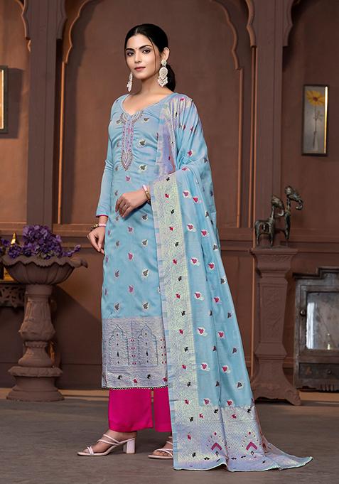 Blue Woven Art Silk Kurta Set