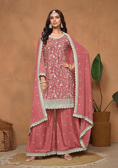 Peach Embroidered Poly Blend Kurta Set