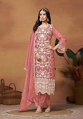 Peach Embroidered Organza Kurta Set