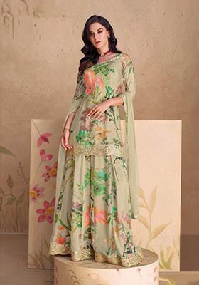 Beige Printed Pure Silk Blend Kurta Set