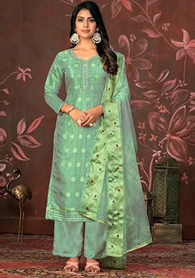 Sea Green Woven Poly Blend Kurta Set