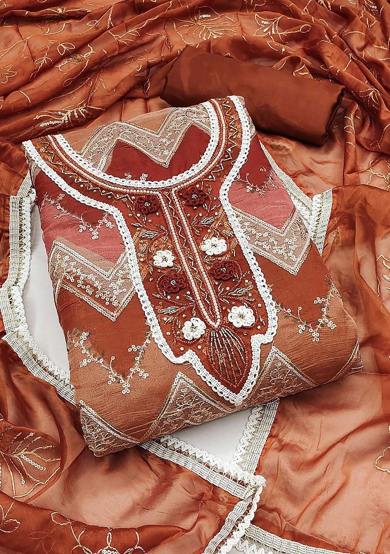 Brown Embellished Organza Kurta Set