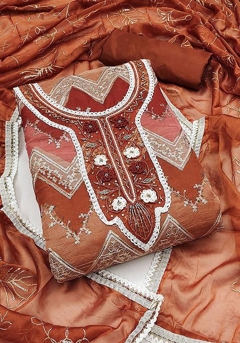 Brown Embellished Organza Kurta Set