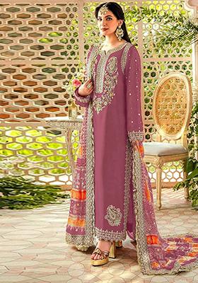 Light Purple Embroidered Faux Georgette Kurta Set