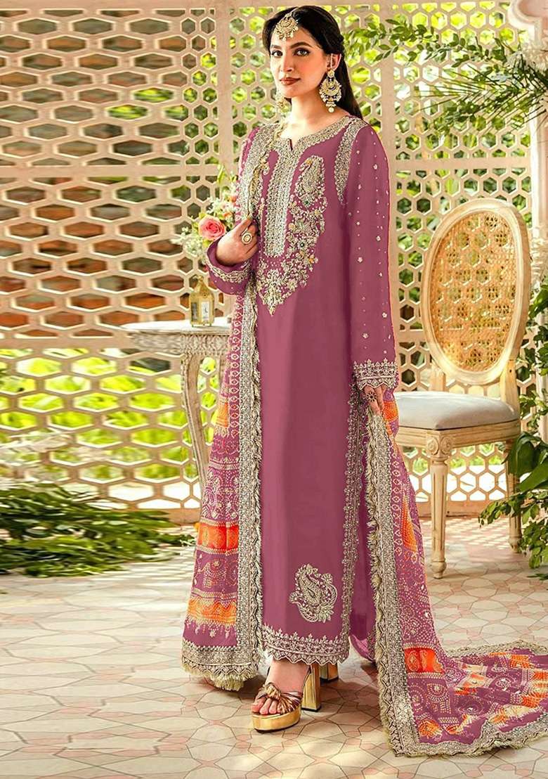 Light Purple Embroidered Faux Georgette Kurta Set - Indya