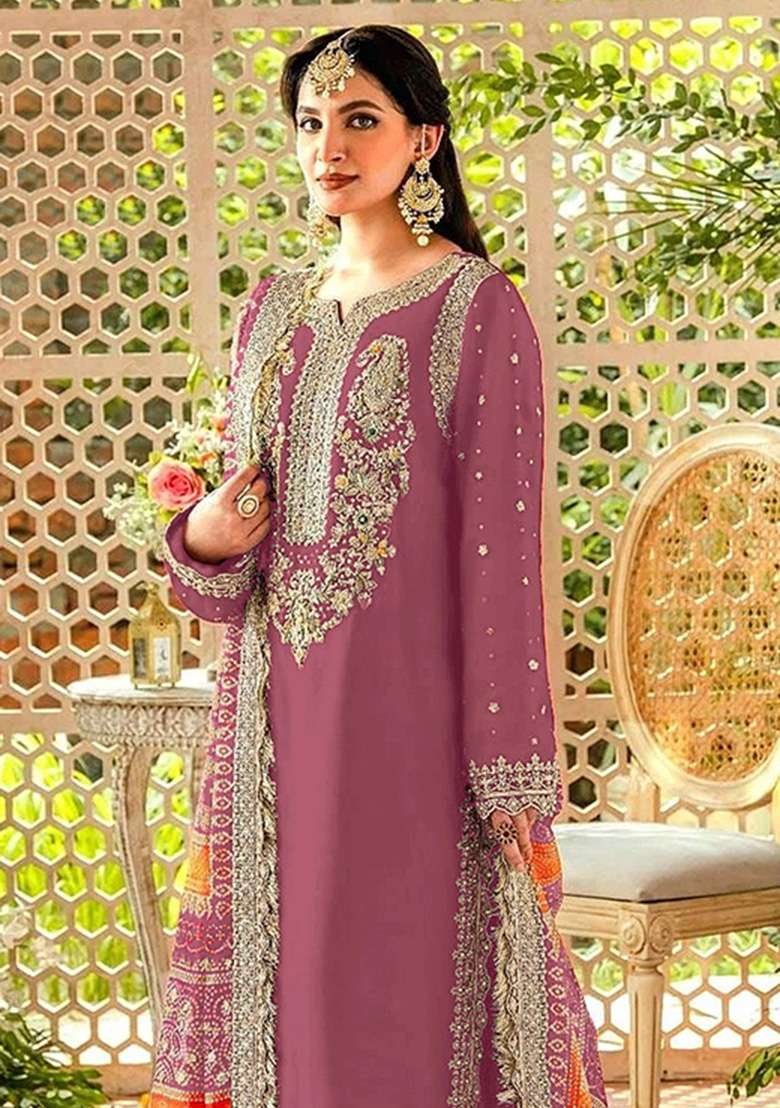 Light Purple Embroidered Faux Georgette Kurta Set - Indya