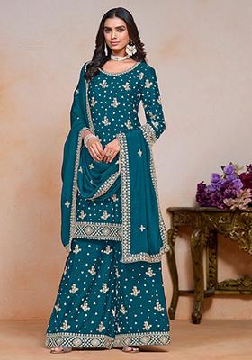 Teal Embroidered Poly Blend Kurta Set