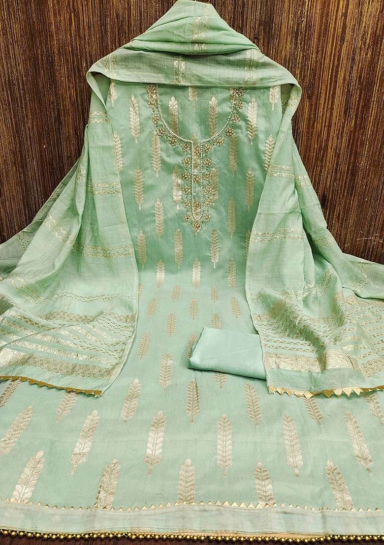 Lime Green Woven Poly Blend Kurta Set - Indya