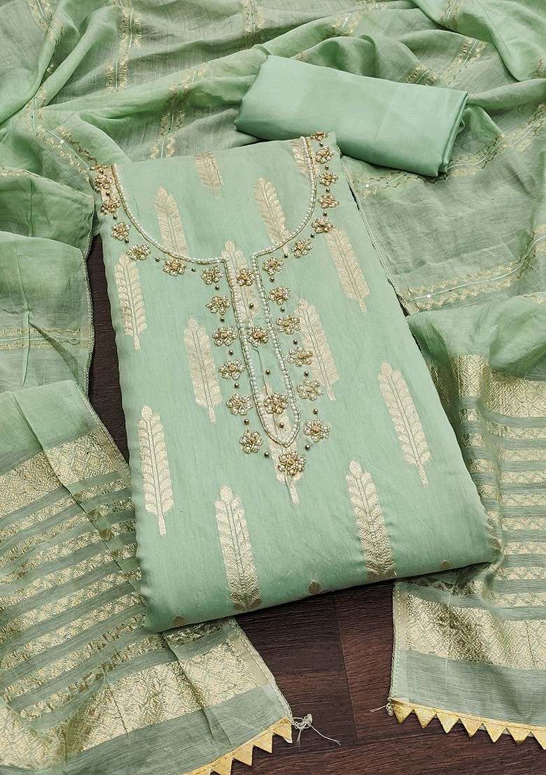 Lime Green Woven Poly Blend Kurta Set - Indya