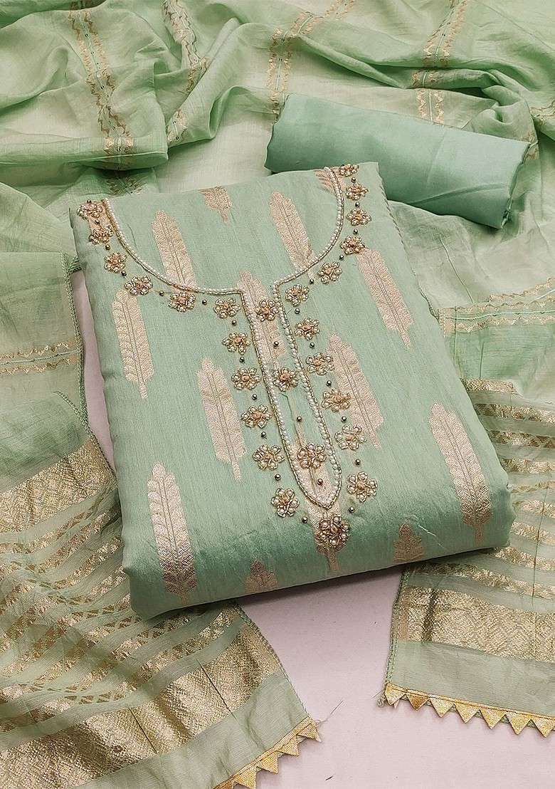 Lime Green Woven Poly Blend Kurta Set - Indya