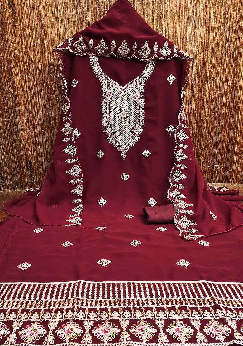 Maroon Embroidered Silk Blend Punjabi Suit - Indya
