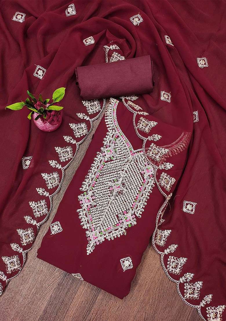 Maroon Embroidered Silk Blend Punjabi Suit - Indya