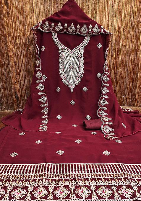 Maroon Embroidered Silk Georgette Kurta Set