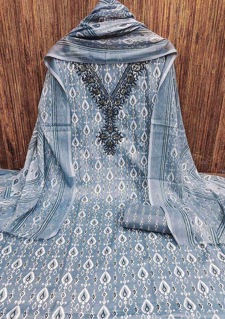 Grey Printed Poly Pakistani Suit Set - Indya