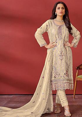 Cream Embroidered Organza Kurta Set