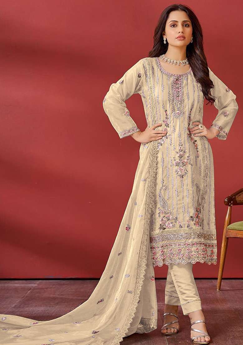 Cream Embroidered Organza Kurta Set - Indya