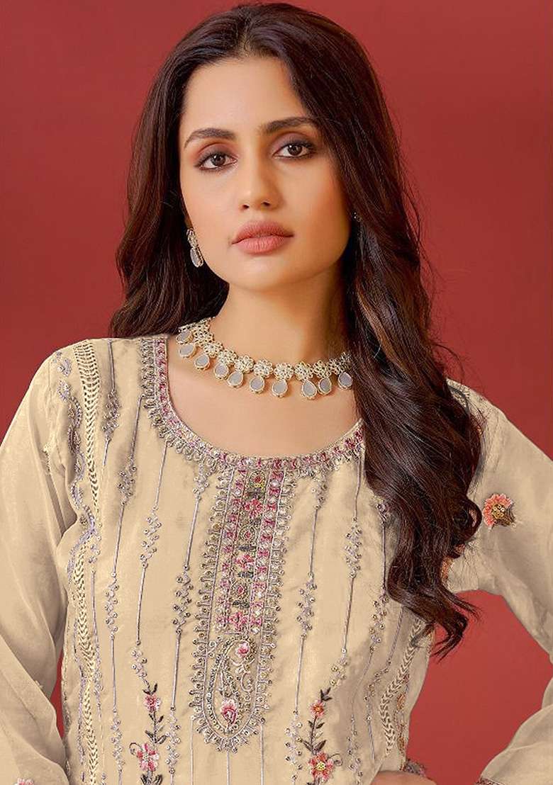 Cream Embroidered Organza Kurta Set - Indya