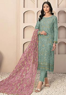 Sky Blue Embroidered Faux Georgette Kurta Set
