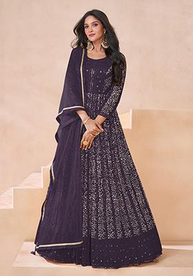 Dark Purple Embroidered Faux Georgette Kurta Set