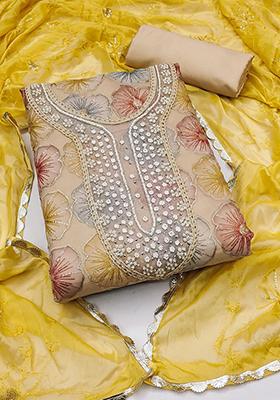 Beige Embellished Organza Kurta Set