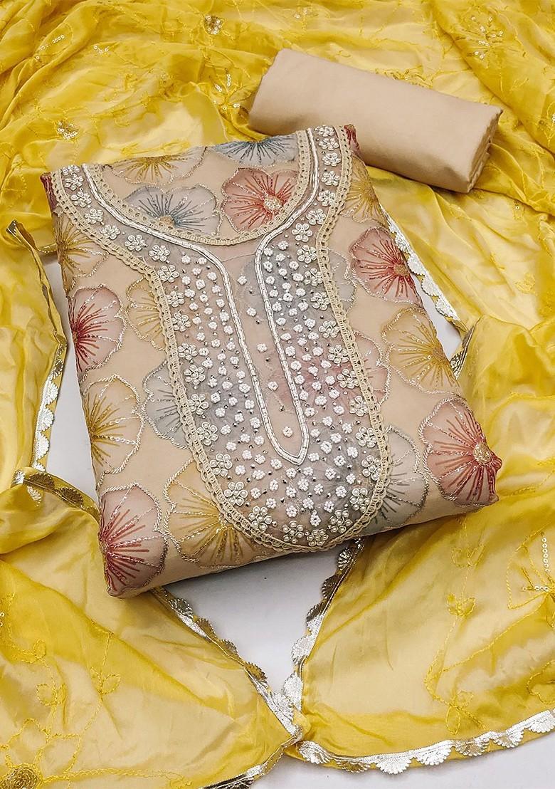 Beige Embellished Organza Kurta Set