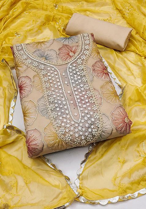 Beige Embellished Organza Kurta Set