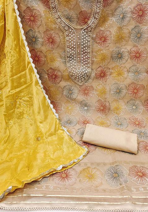 Beige Embellished Organza Kurta Set