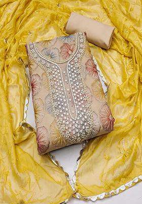 Beige Embroidered Cotton Kurta Set