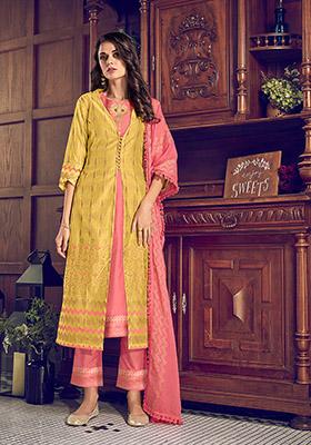 Mustard Resham Embroidered Art Silk Kurta Set