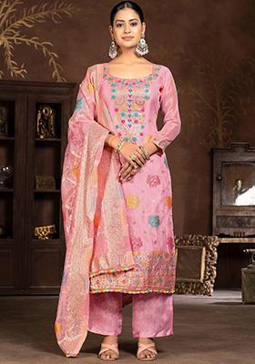 Pink Woven Banarasi Jacquard Kurta Set