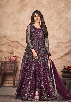 Dark Purple Embroidered Net Anarkali Kurta Set