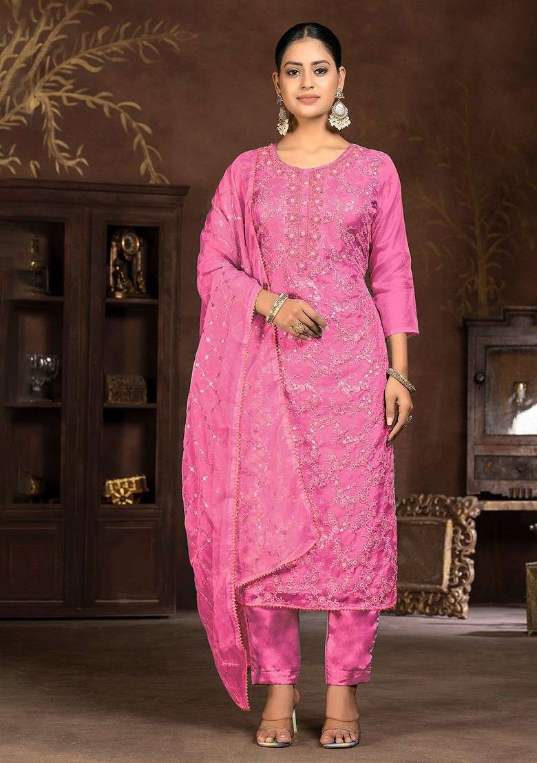 Pink Embroidered Organza Straight Kurta Set - Indya