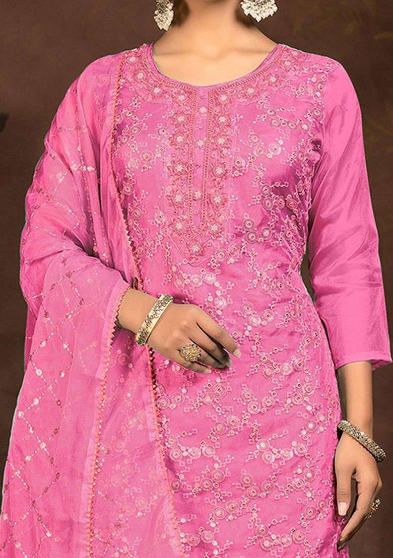 Pink Embroidered Organza Straight Kurta Set - Indya
