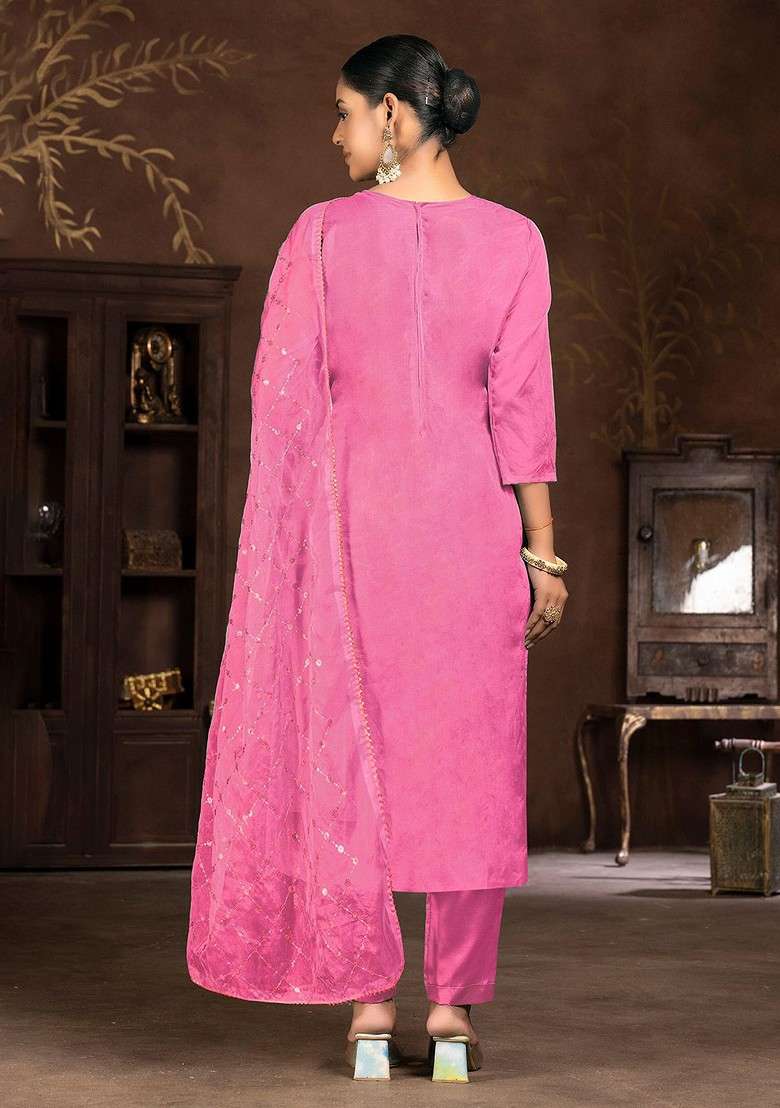Pink Embroidered Organza Straight Kurta Set - Indya