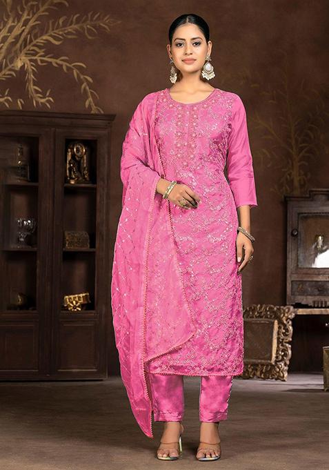 Pink Embroidered Organza Kurta Set