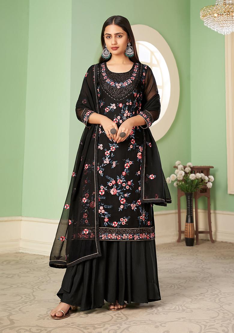 Black Embroidered Georgette Kurta Set