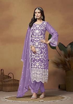 Lavender Resham Embroidered Organza Kurta Set