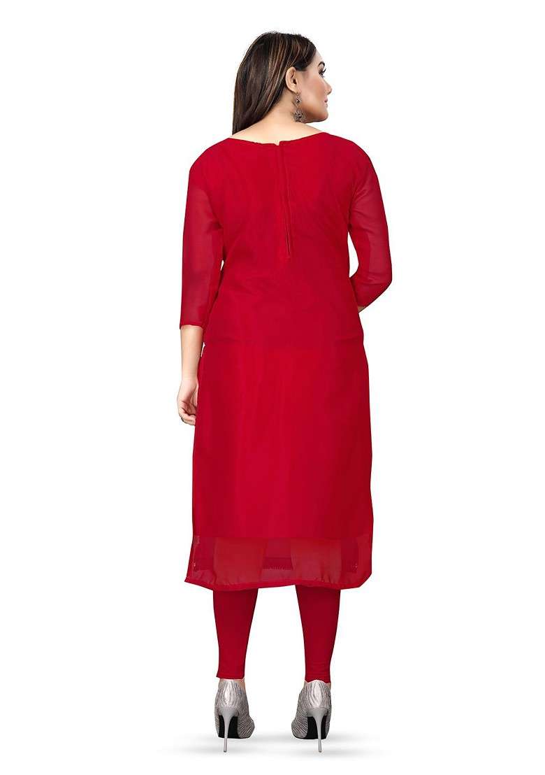 Red Embroidered Silk Blend Straight Kurta Set - Indya