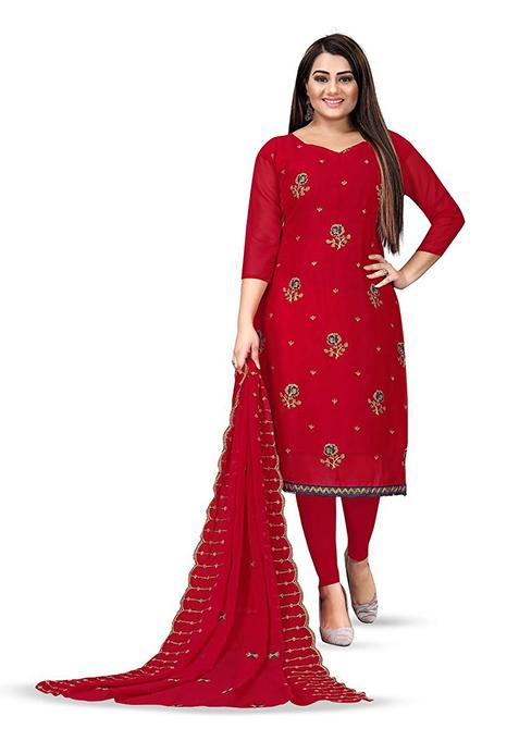 Red Embroidered Silk Straight Kurta Set
